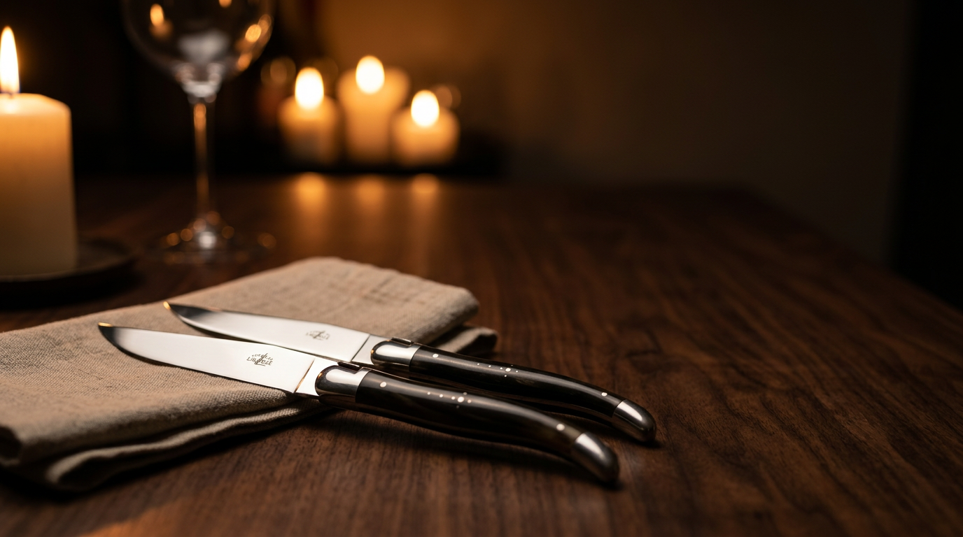 A pair of Tradition Range table knives with dark horn handles and polished blades resting on a linen napkin on a candlelit walnut table