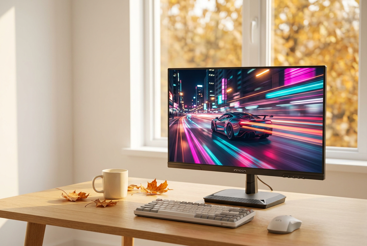 INNOCN 25G2S gaming monitor showing a neon racing game on a sunlit oak desk by an autumn window