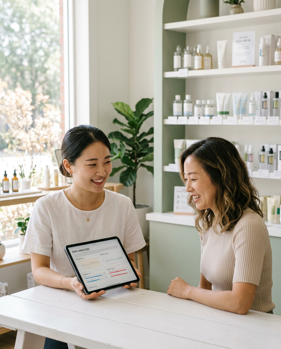 Skincare consultant reviewing skin analysis results on a tablet with a client