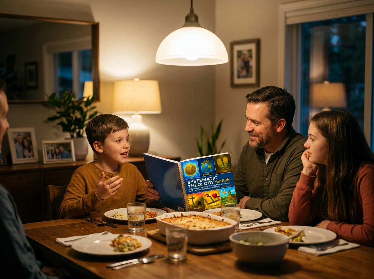 A boy confidently explaining a lesson from the workbook to his family at dinner