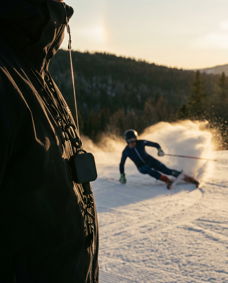 Gear Keeper reel clipped to a coach's jacket in the foreground while a ski racer carves through golden spray behind