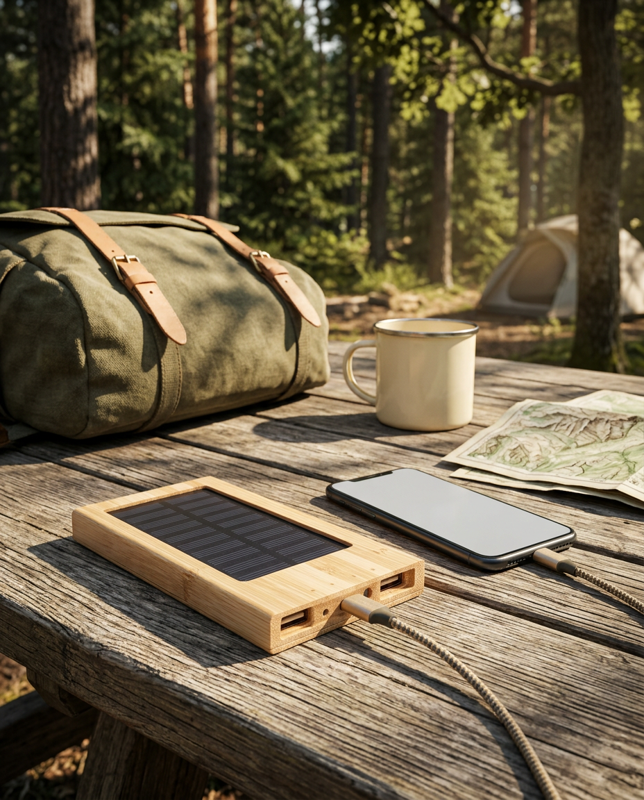 Bamboo solar powerbank charging a phone on a camping table in a sunlit forest