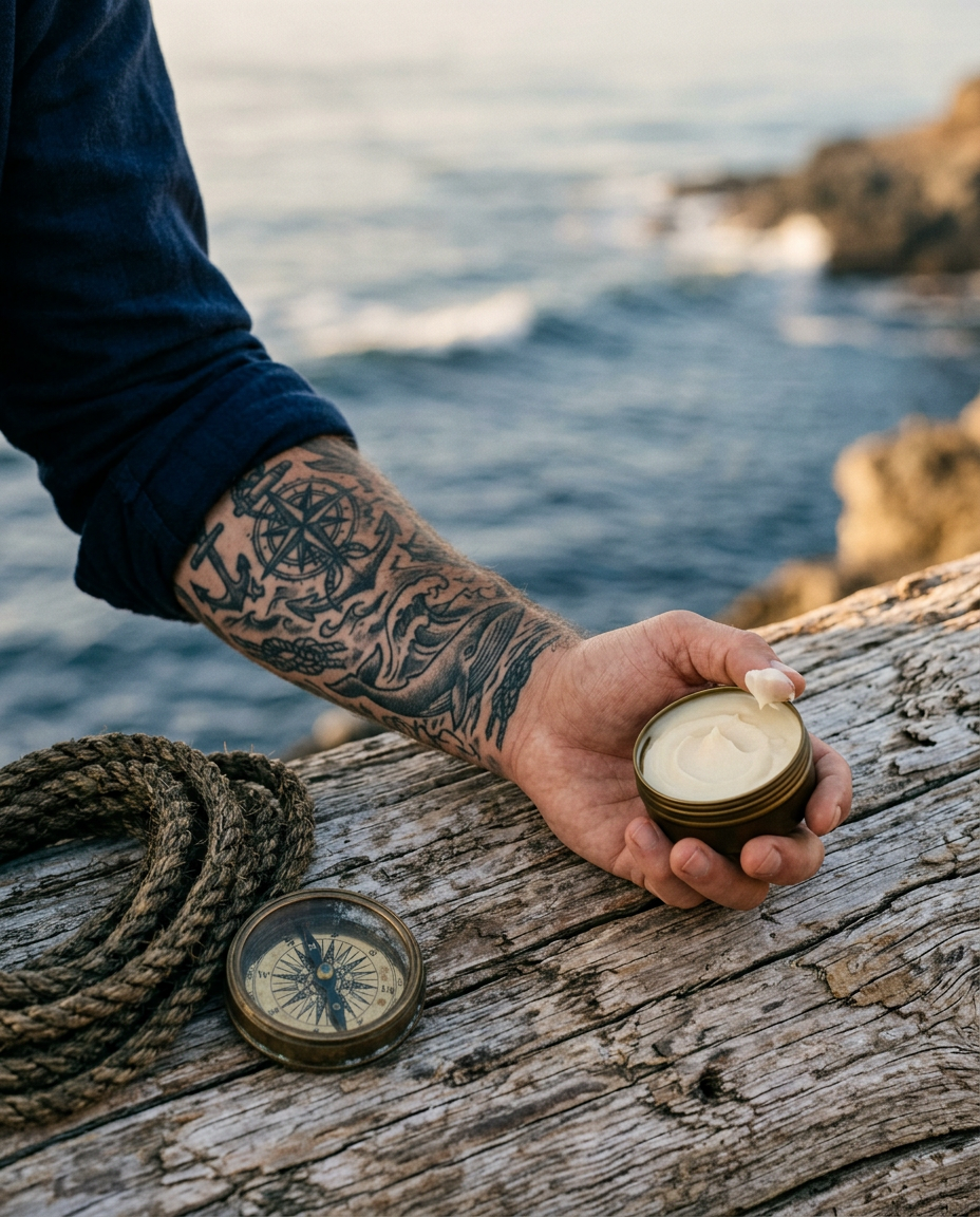 Tattooed forearm holding an open tin of creamy nourishing balm by the ocean, with nautical rope and a brass compass