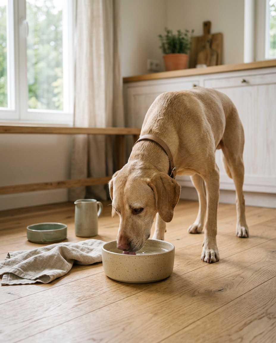 Dog drinking from a stoneware bowl on an oak floor in a sunlit kitchen
