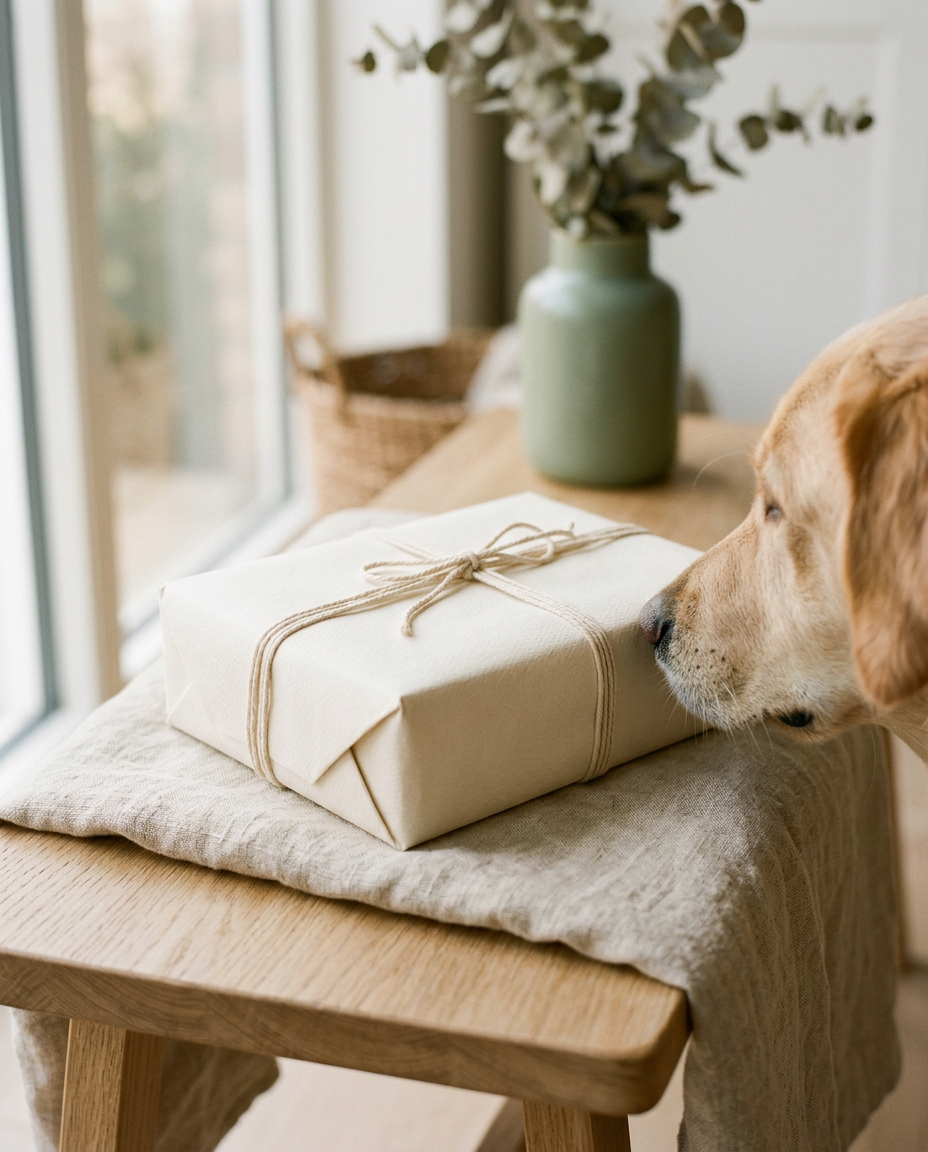 A parcel wrapped in ivory paper and cotton twine on a linen throw, with a dog curiously sniffing it