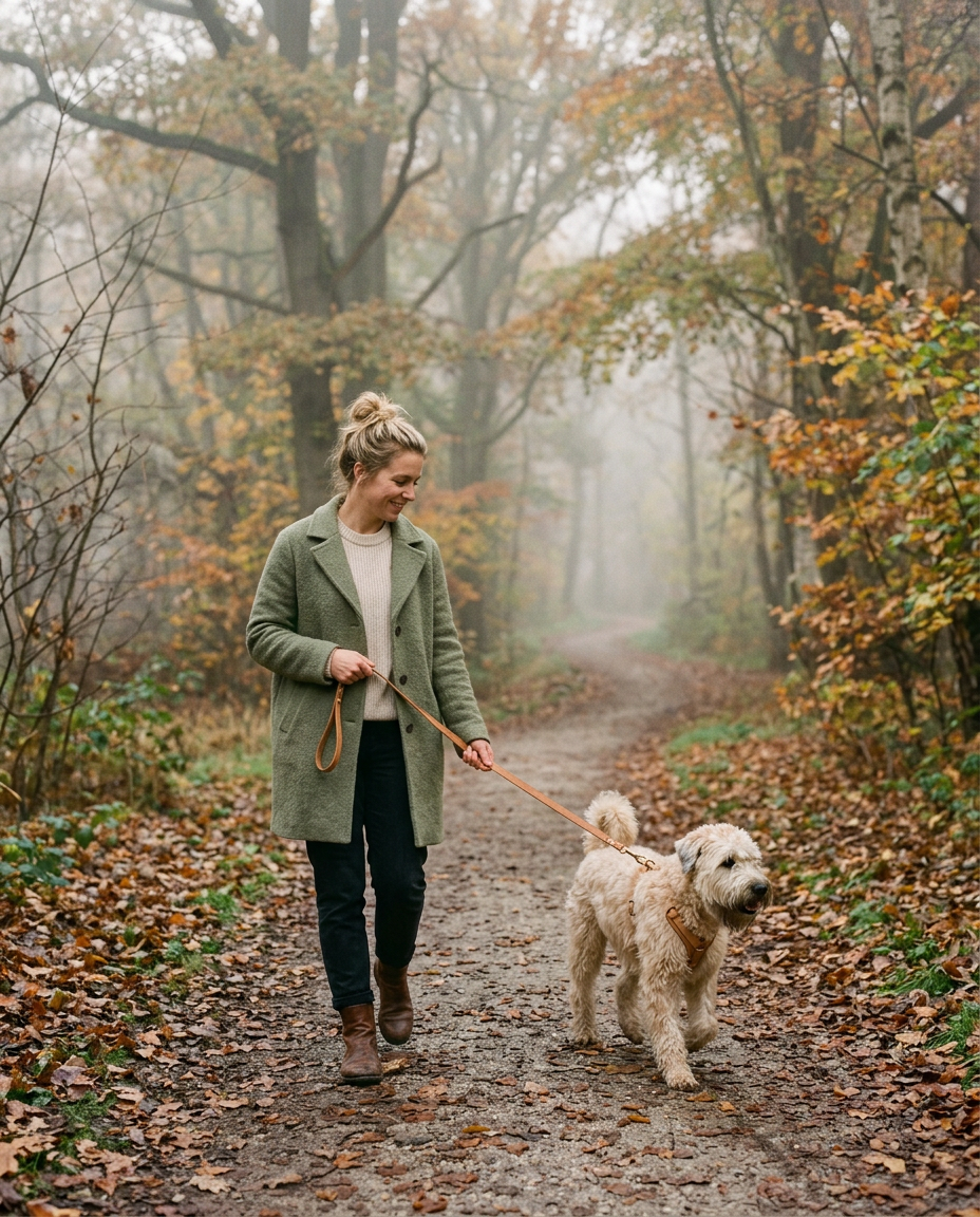 An owner and a wheaten dog on a slim leather leash walking a misty, tree-lined park path