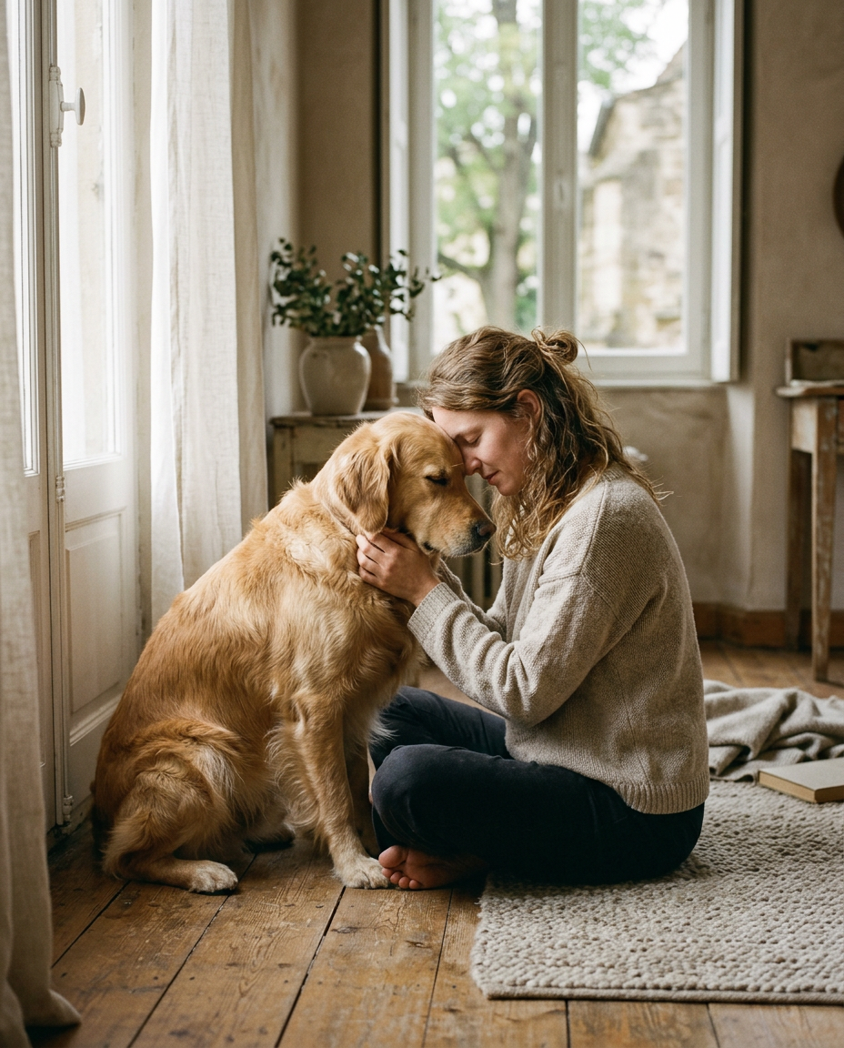 A person resting their forehead gently against their dog's head in soft morning light