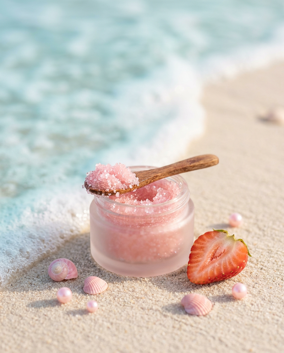 Pot of sparkly pink sugar lip scrub with strawberries and seashells