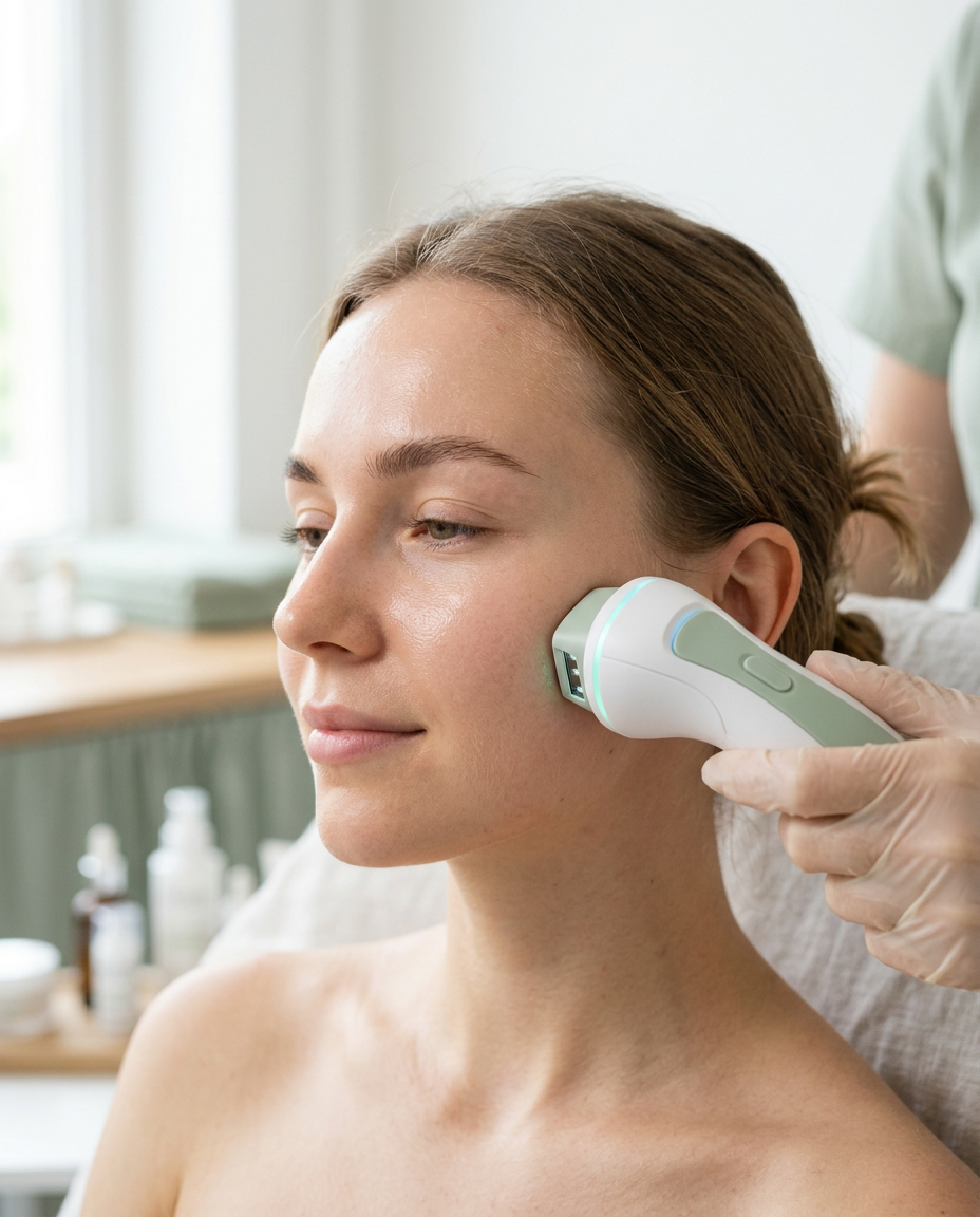 Skin analysis scanner placed gently on a client's cheek in a bright studio