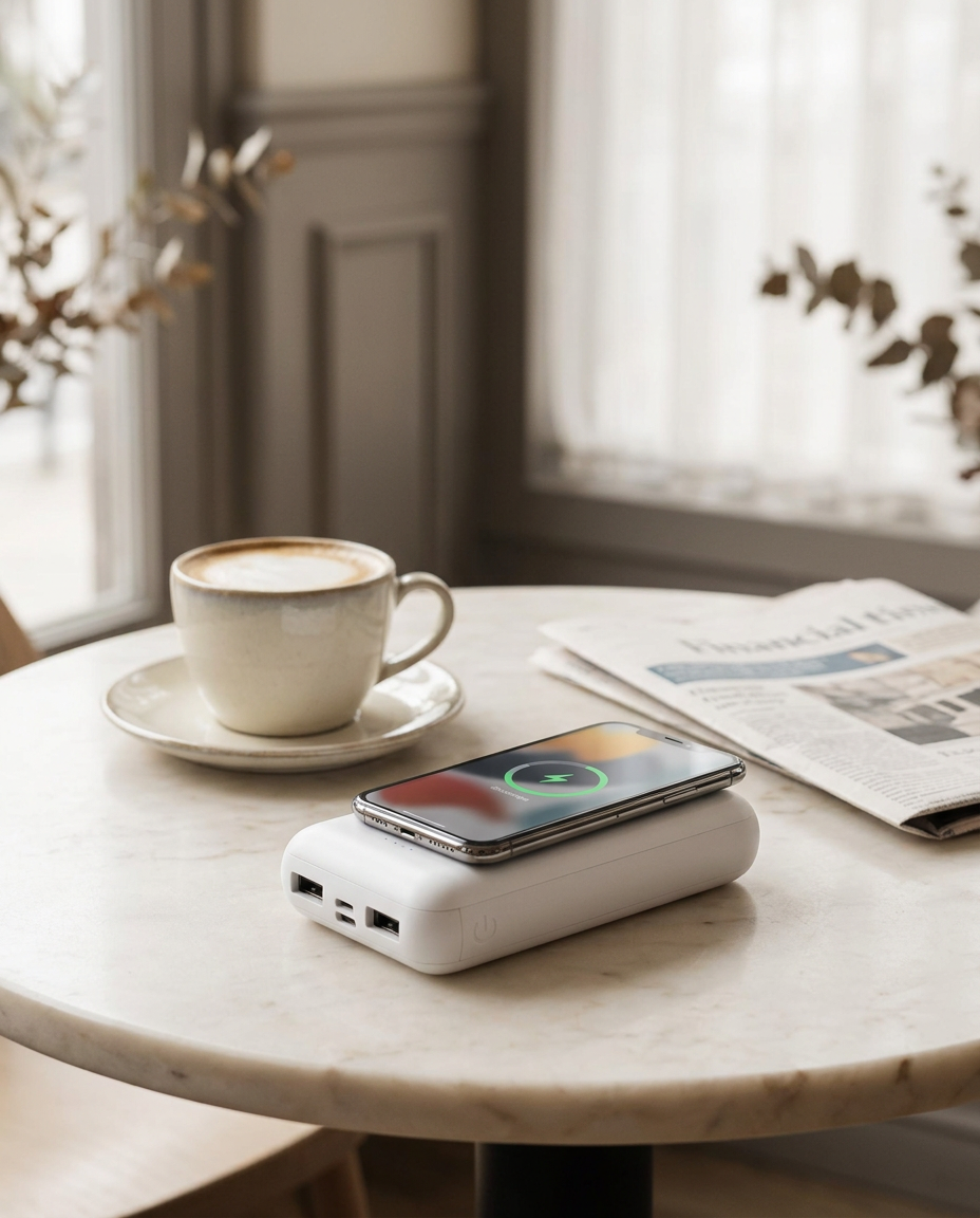 White wireless powerbank charging a phone on a marble cafe table beside a flat white