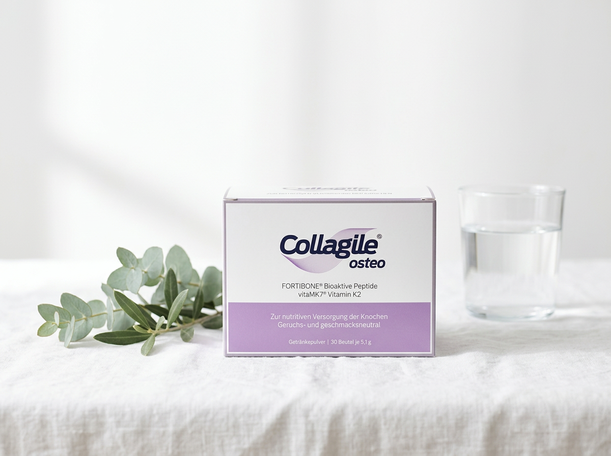Collagile® Osteo Packung auf hellem Leinen mit frischen grünen Zweigen und einem Glas Wasser