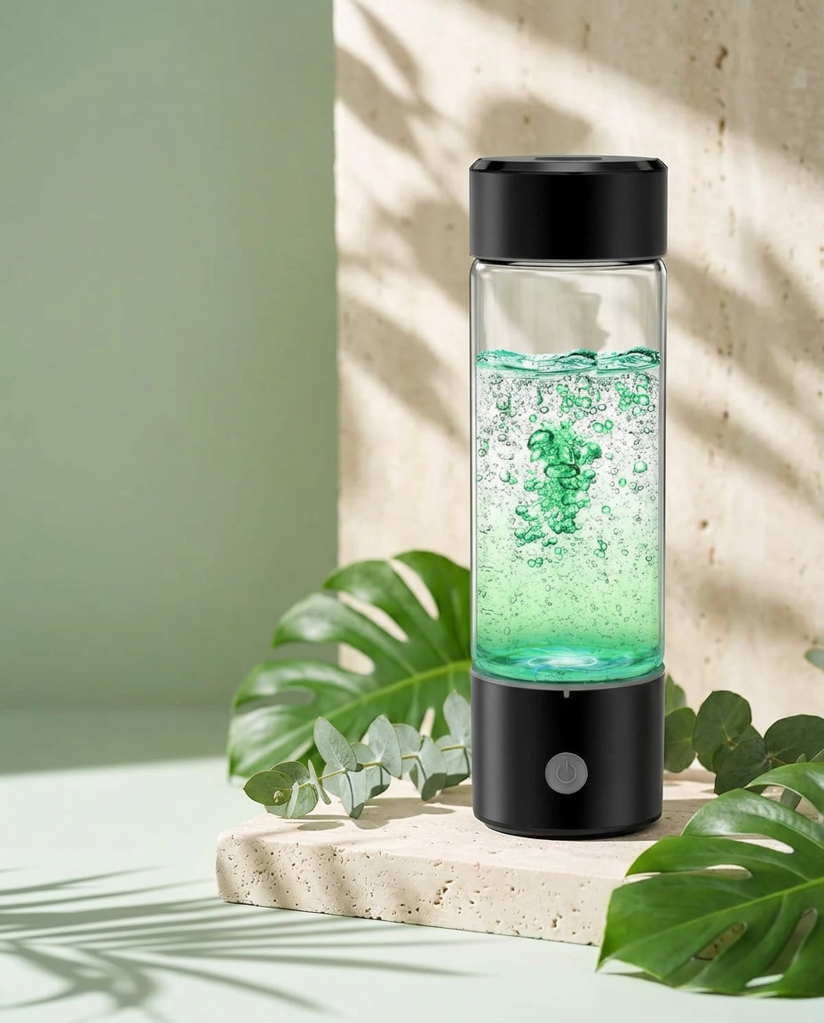 HYDROLITE hydrogen water bottle surrounded by fresh green leaves in morning light