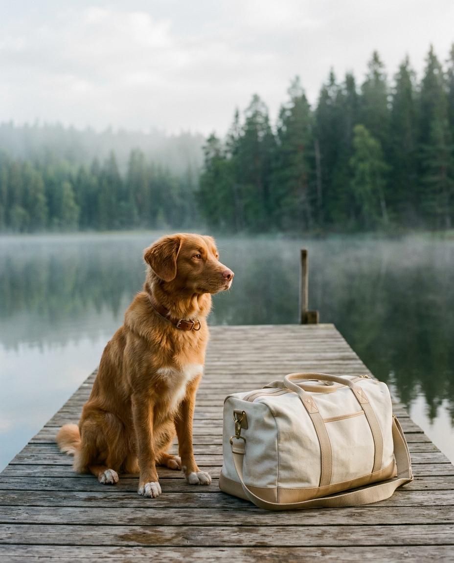 Dog sitting beside a canvas weekender bag on a lakeside jetty