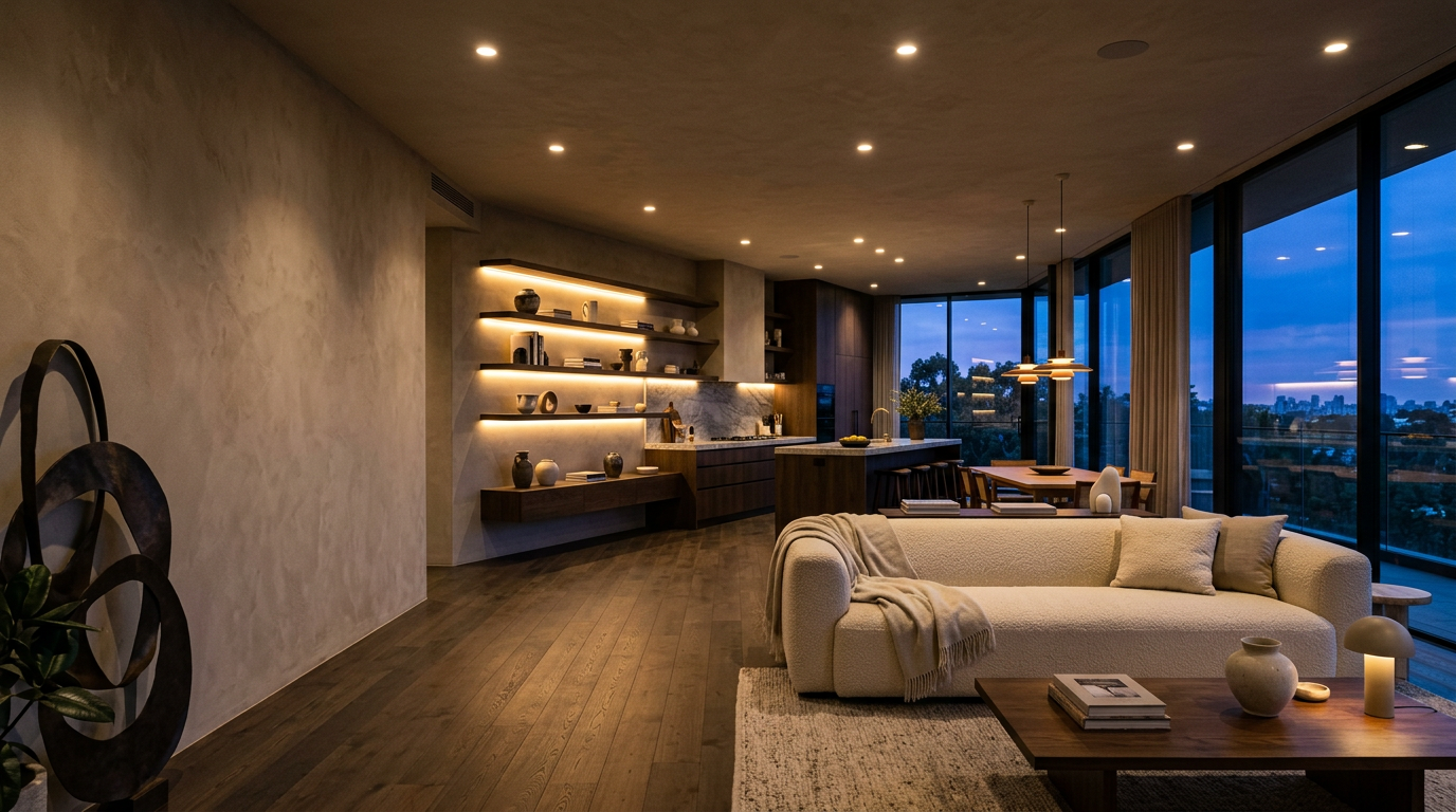 Modern living room at dusk lit by warm recessed LED downlights and glowing shelf strip lights