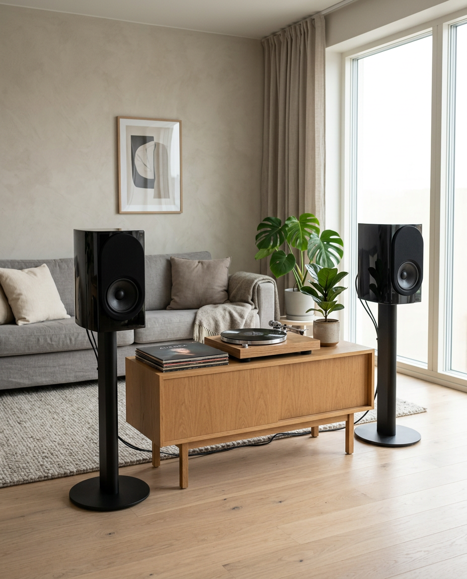 Pair of black bookshelf speakers on stands in a bright living room