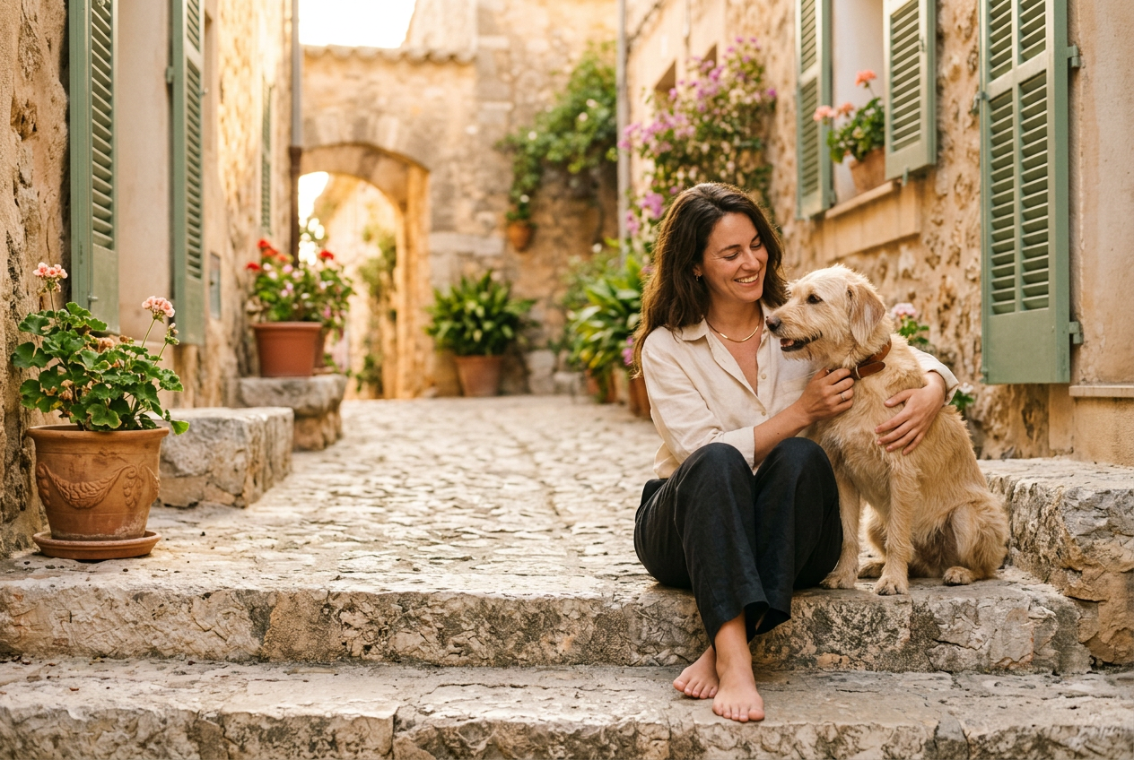 A woman and her dog sitting together on sunlit limestone steps in an old-town street