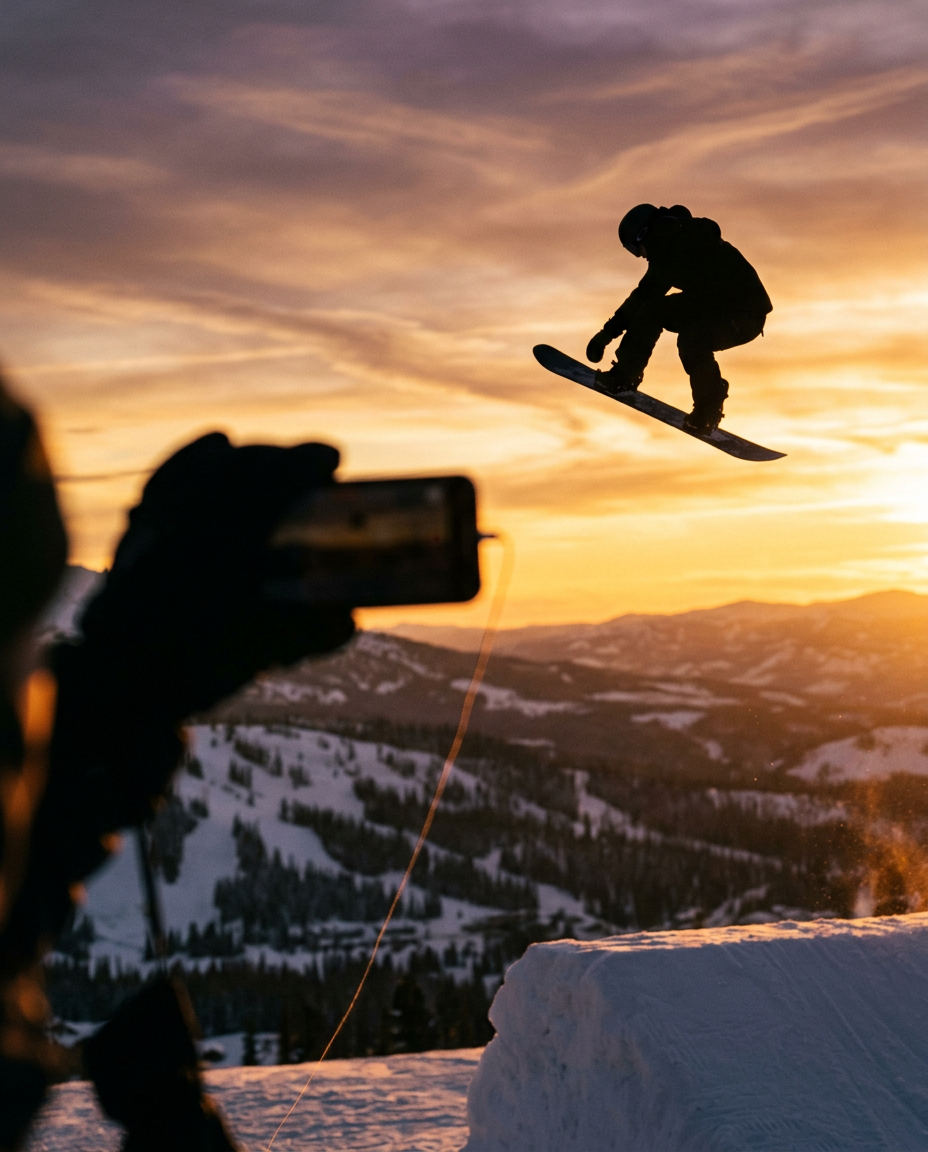 Snowboarder airborne off a park jump at sunset, filmed by a friend whose blurred gloved hand holds a tethered phone in the foreground