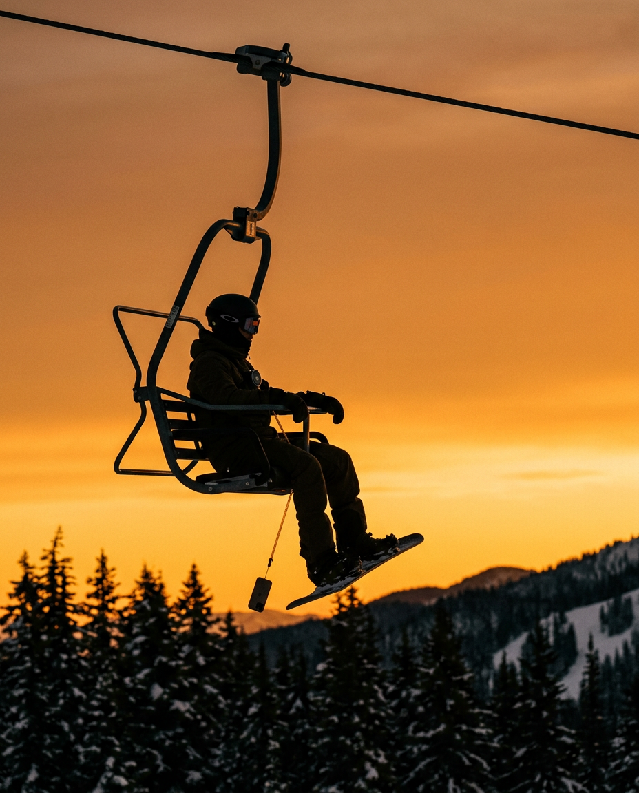 Snowboarder on a chairlift at sunset with his dropped phone hanging beside his boots on the 36-inch retractor line from his chest