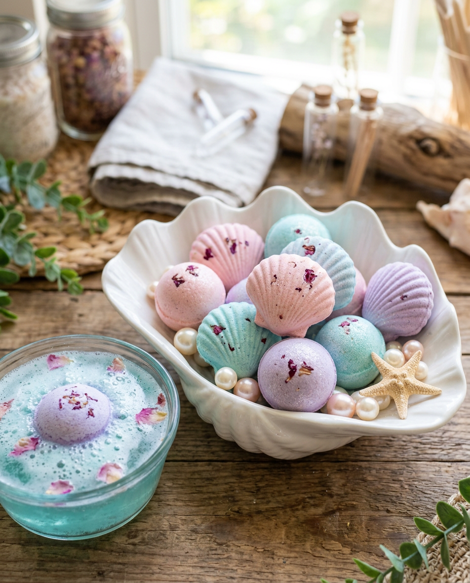 Pastel seashell-shaped bath bombs with pearls, one fizzing in aqua water