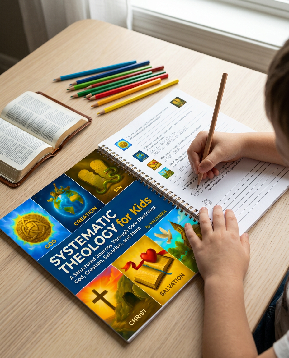 Child writing answers in the Systematic Theology workbook