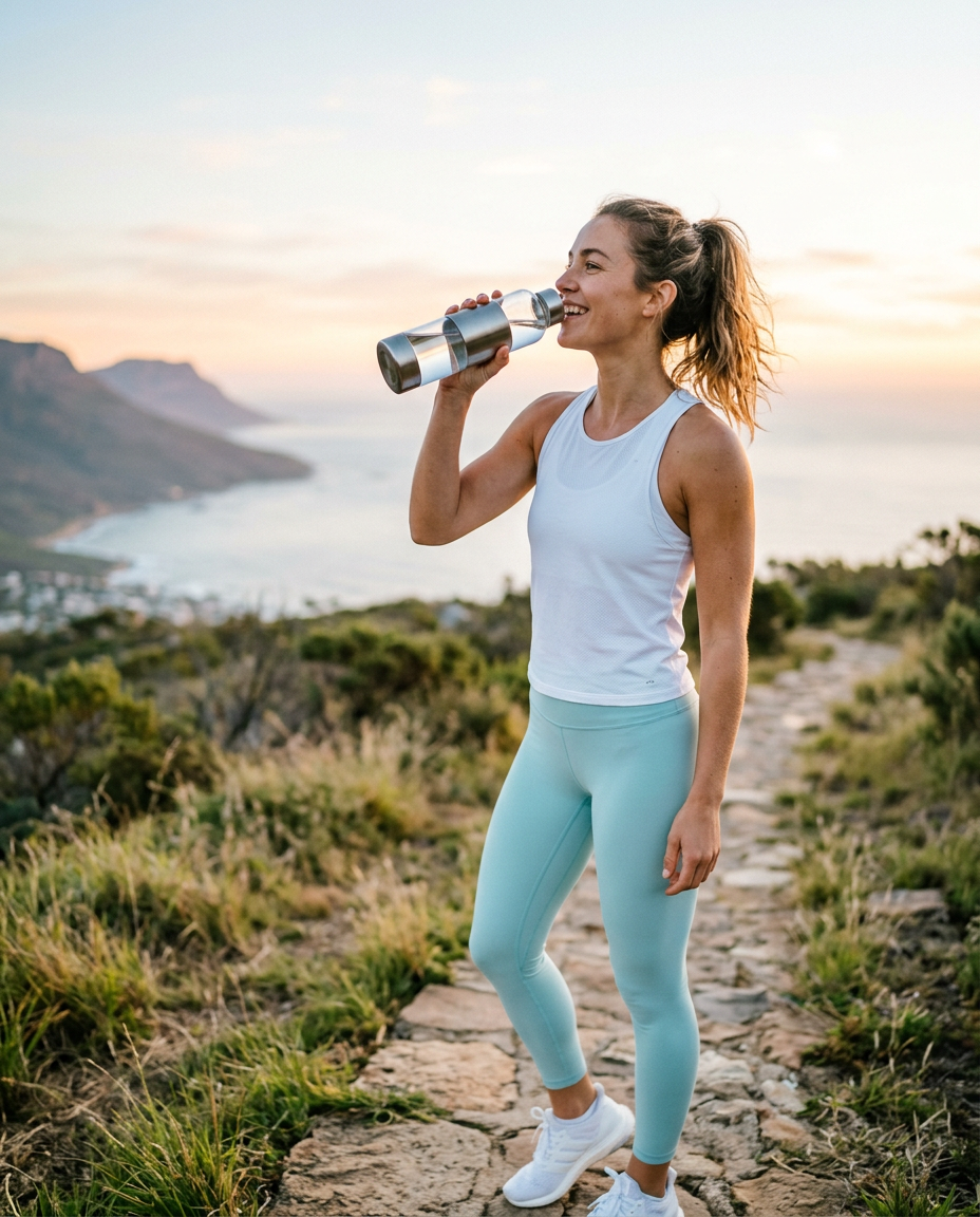 Woman drinking from a hydrogen water bottle outdoors at sunrise