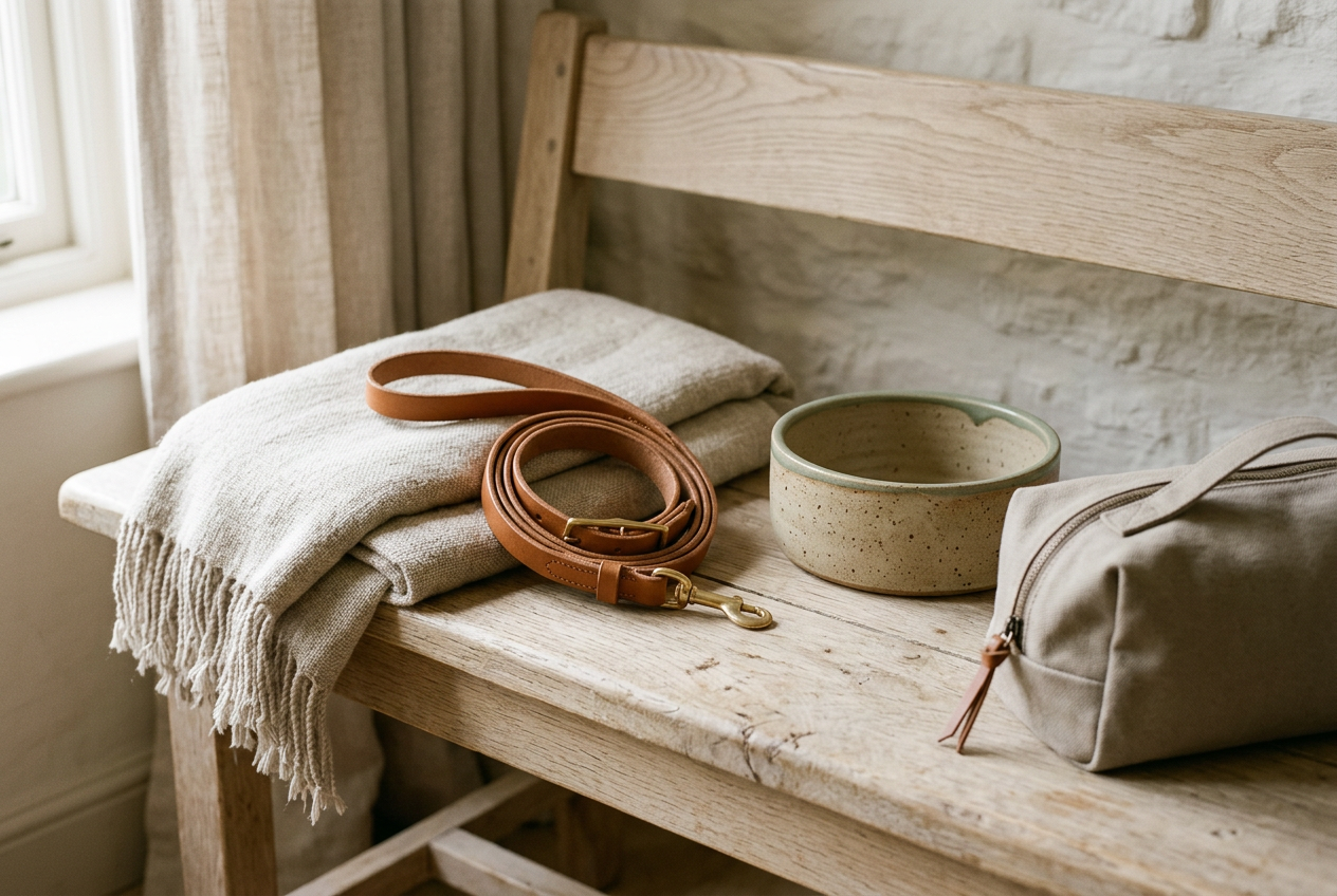 A tan leather leash, folded linen throw, ceramic bowl and canvas pouch arranged on a pale oak bench