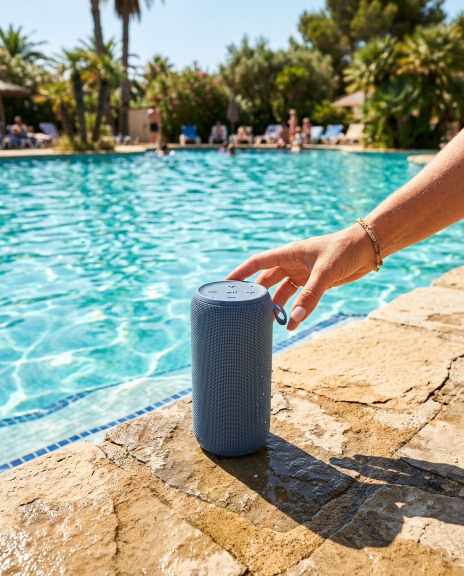 Slate-blue portable speaker on the edge of a swimming pool