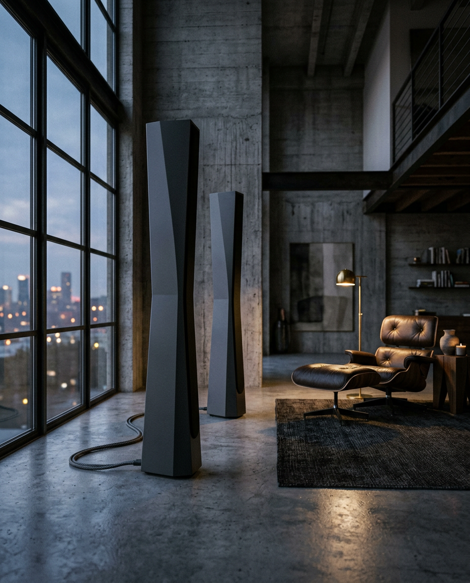 Tall slim floorstanding speakers in a concrete loft