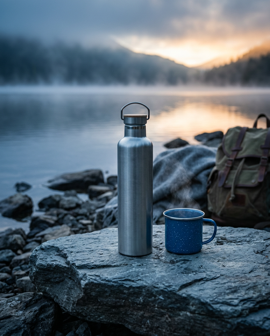 Silver insulated flask on a rock beside a misty mountain lake at dawn