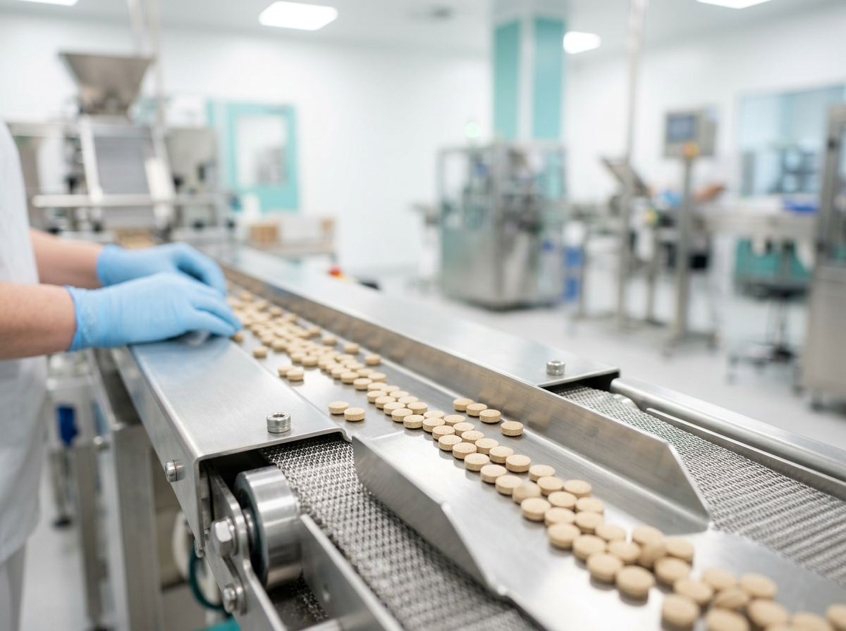 Illustrative image of tablets on a clean production line