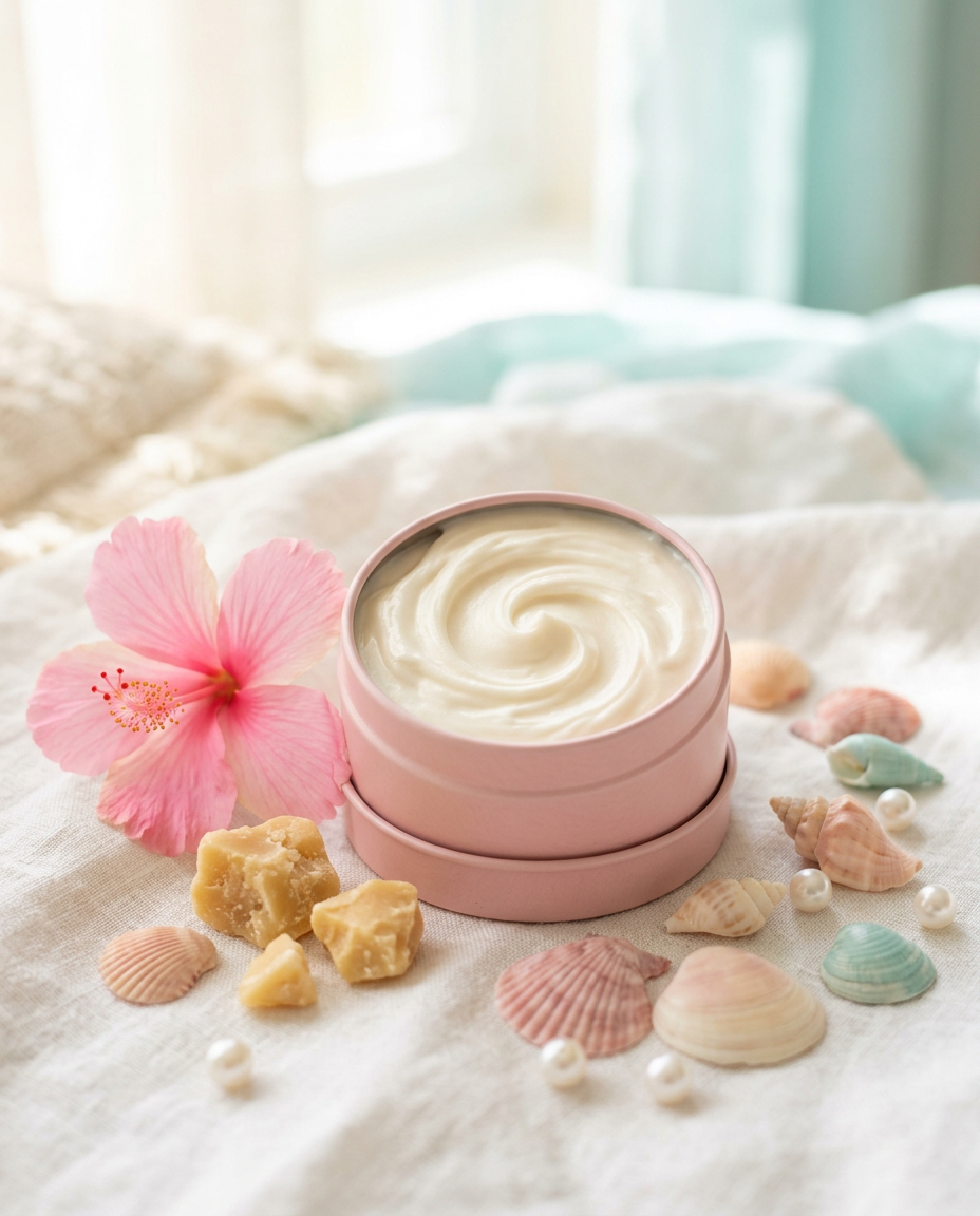 Open tin of whipped pink nourishing balm with a hibiscus flower and seashells