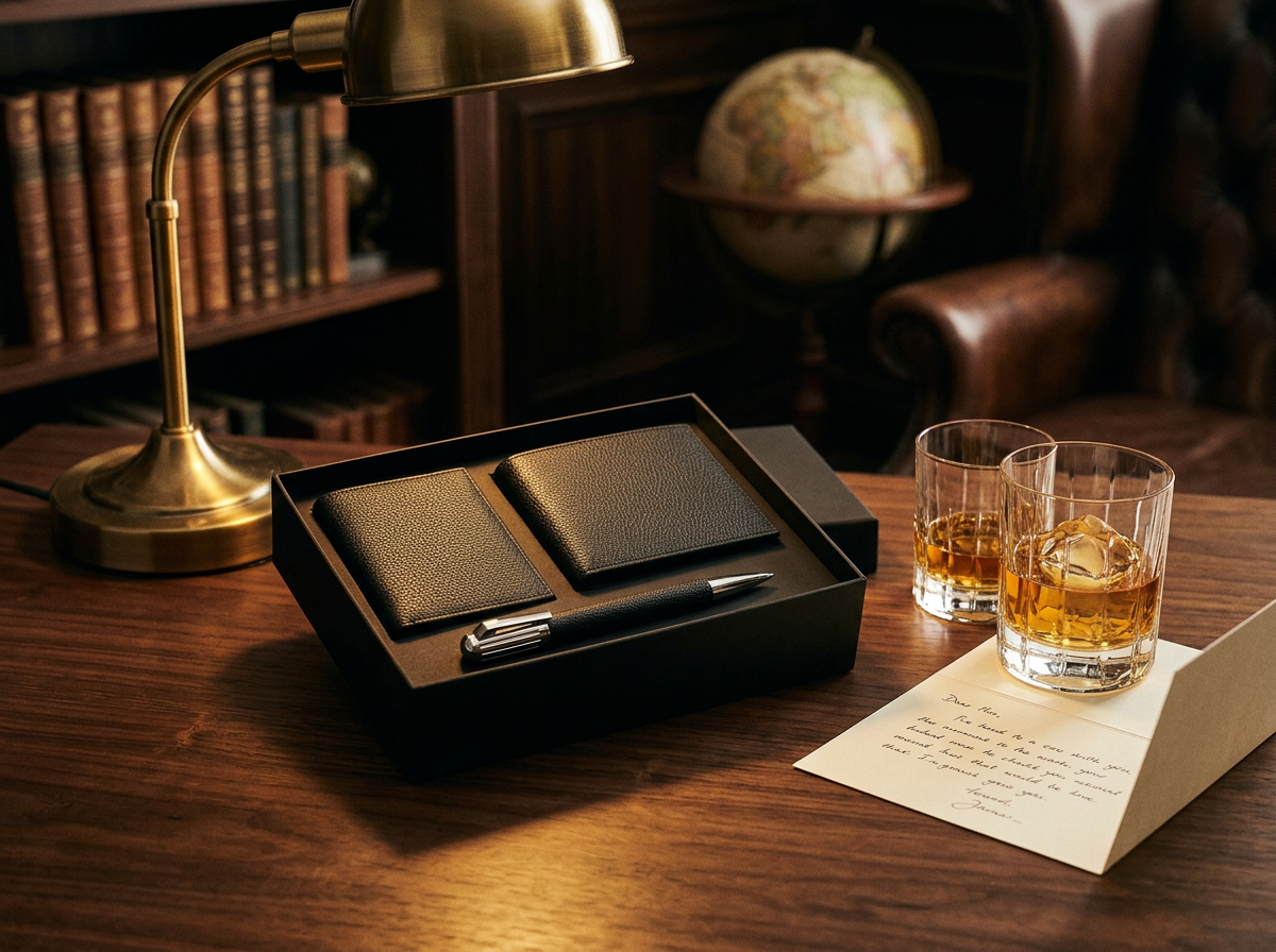 Black leather wallet, cardholder and pen gift set in an open box on a walnut desk beside whisky glasses and a handwritten card