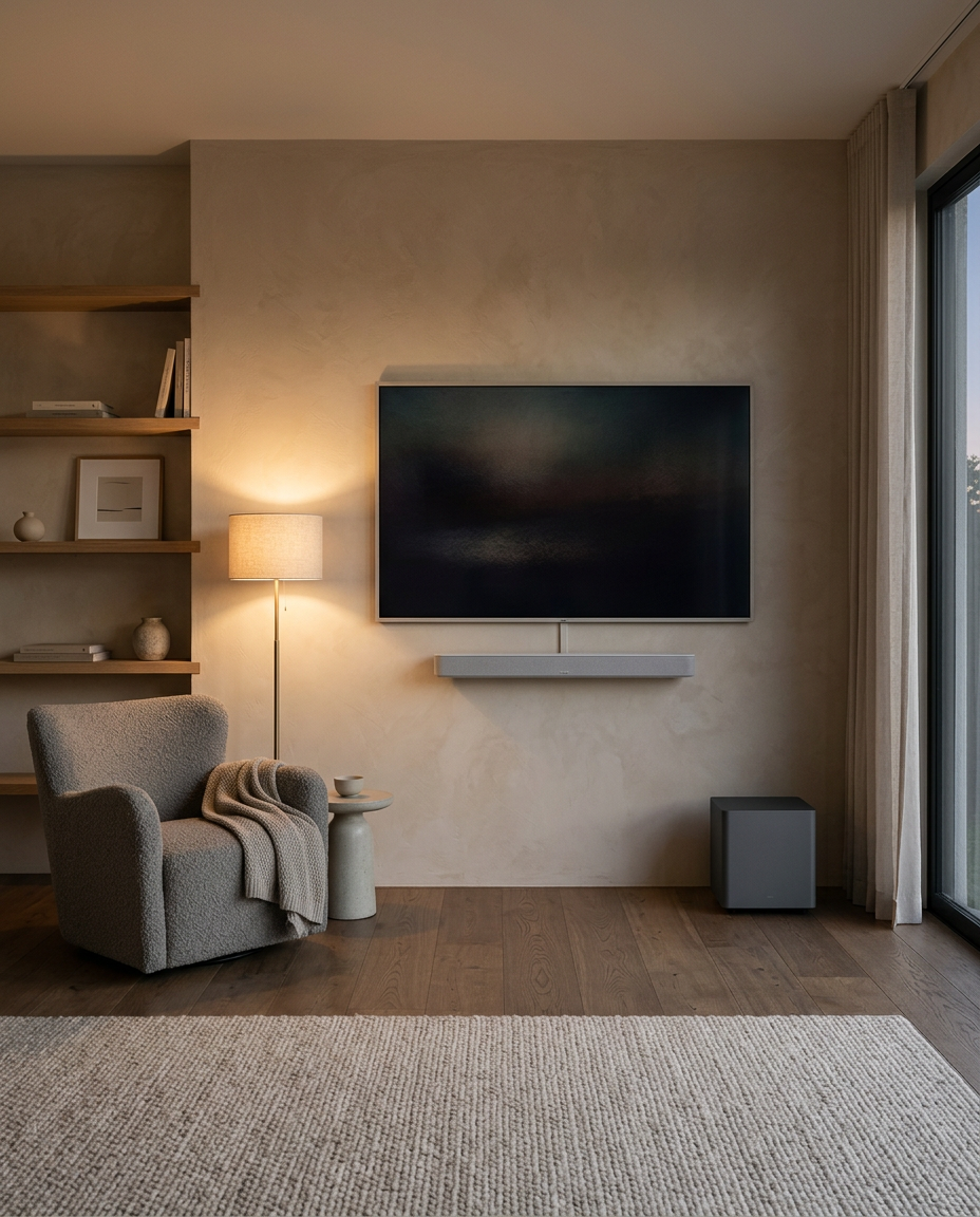 Media room with a slim soundbar under a TV and a compact subwoofer