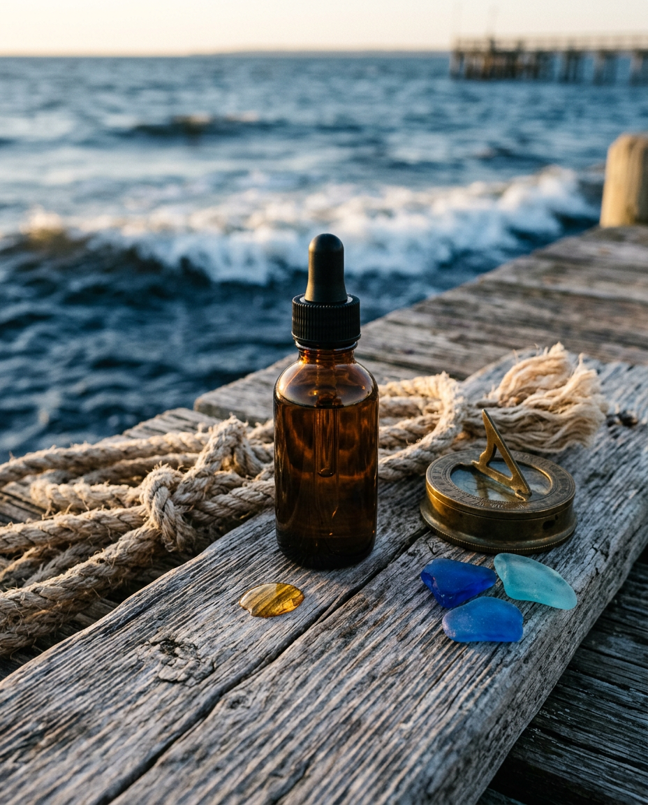 Amber glass bottle of beard oil on a weathered dock with nautical rope, a brass compass and sea glass