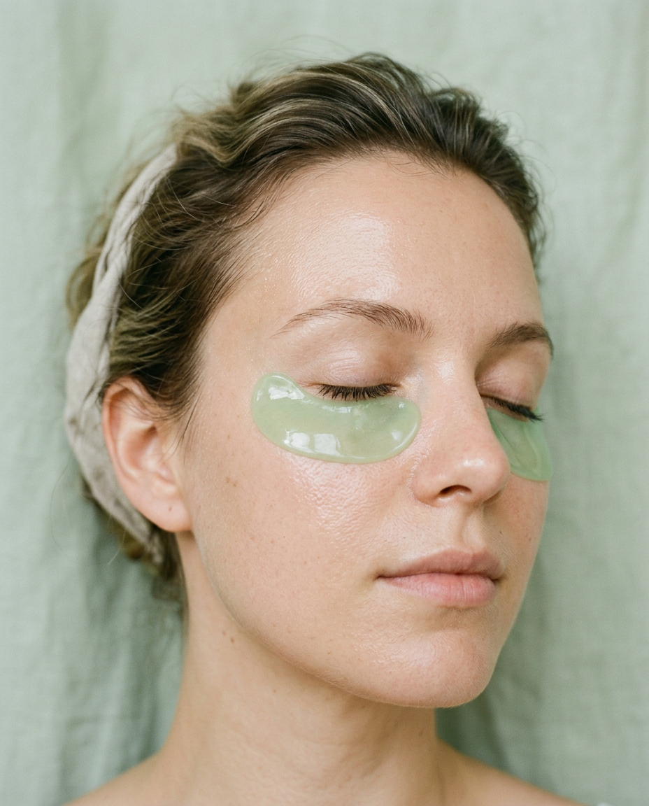 Woman relaxing with green under-eye patches
