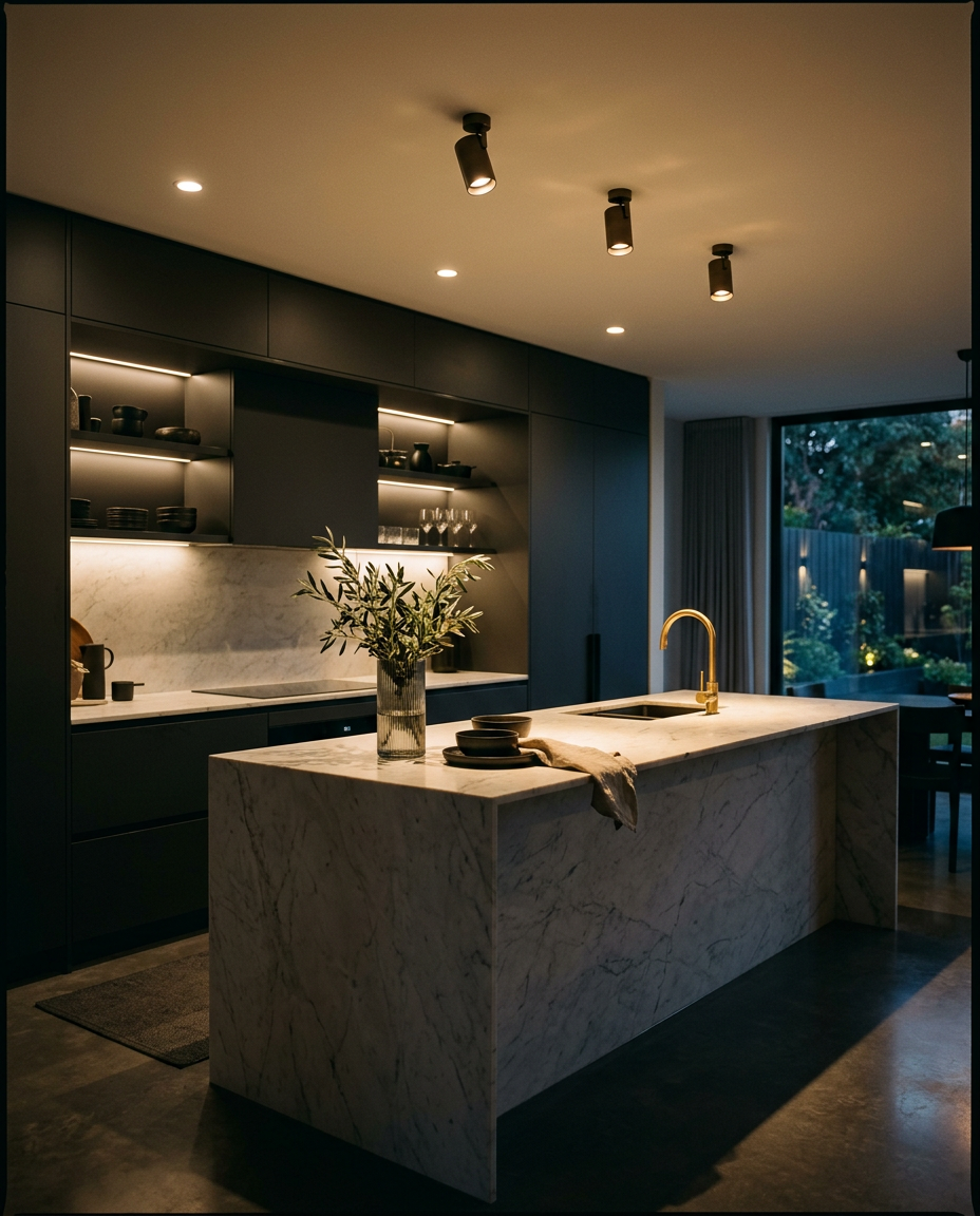 Modern kitchen with recessed spotlights over a marble island