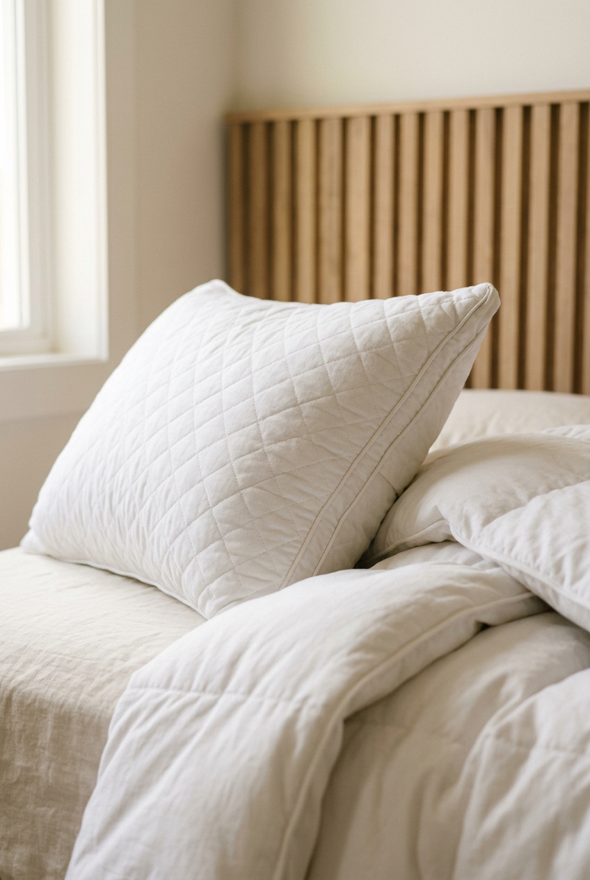 Fluffy white pillow on a white duvet