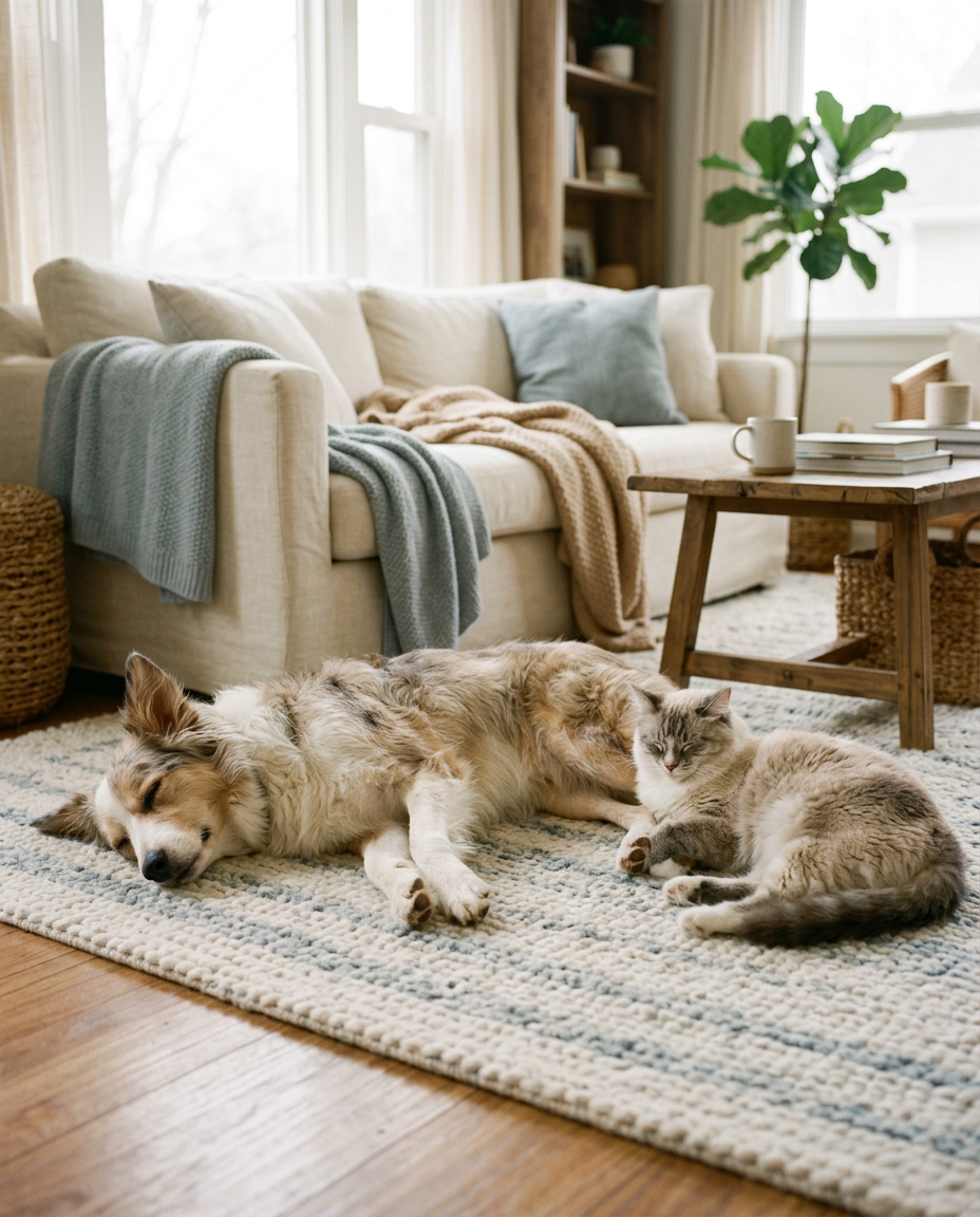 Un chien et un chat qui se reposent paisiblement sur le même tapis