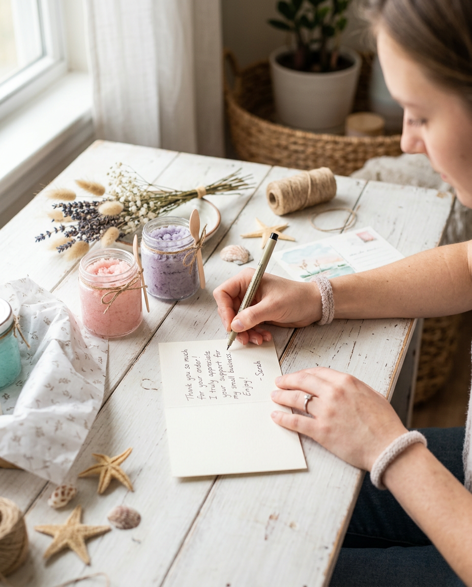 Hands writing a thank-you note beside jars of pastel sugar scrub and seashells