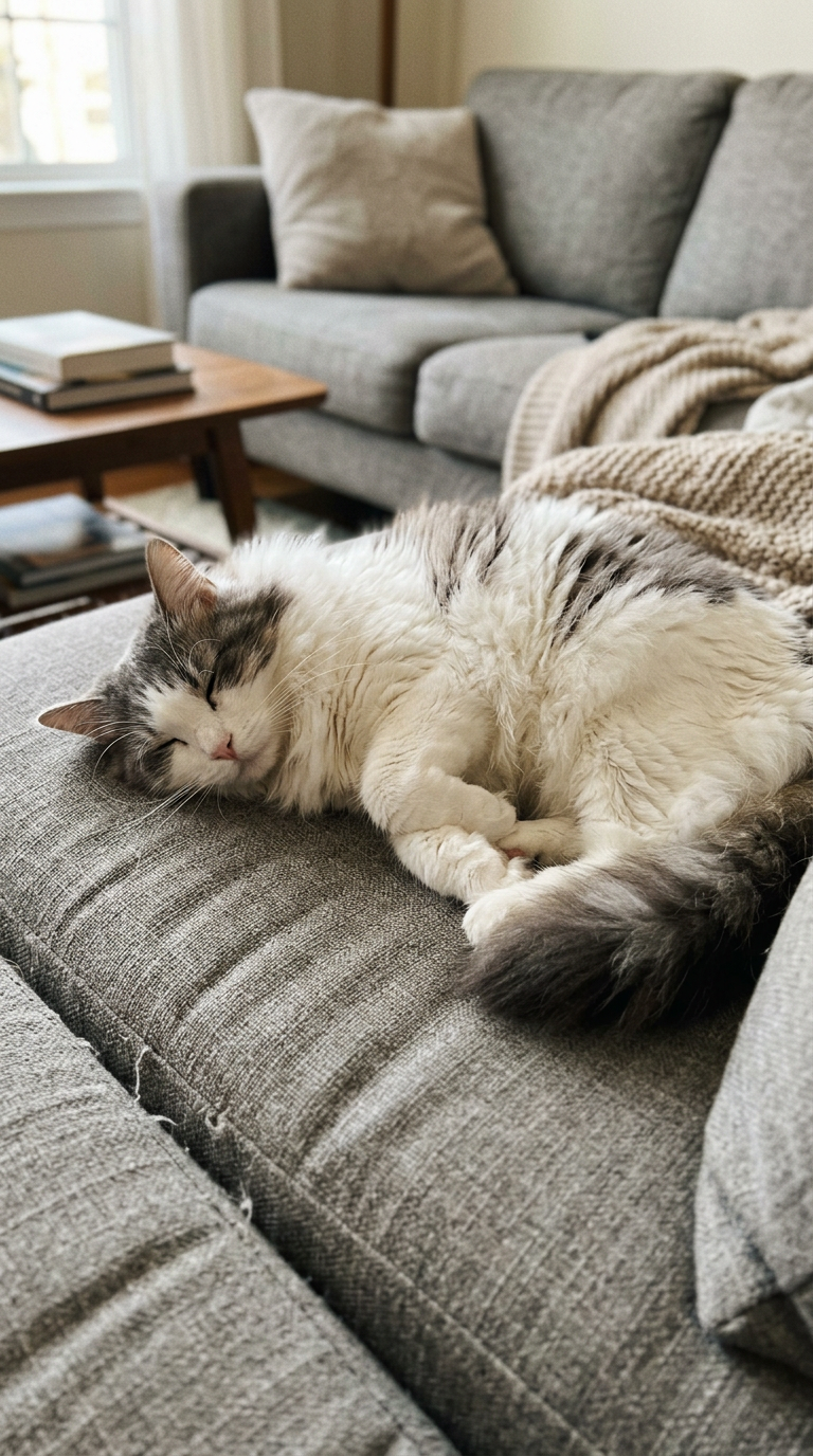 Un chat blanc et gris détendu sur un coussin du canapé