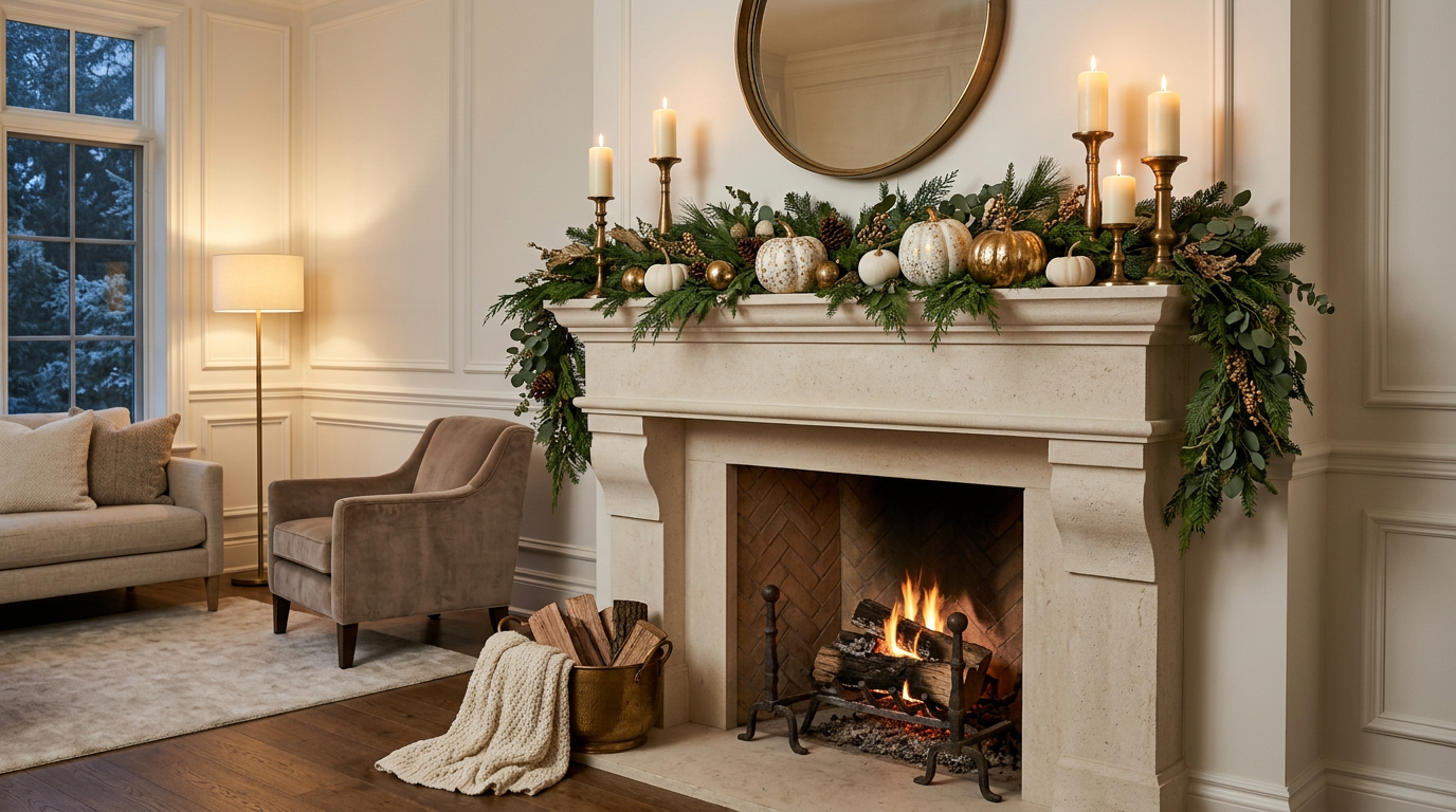 A cream stone fireplace mantel styled with evergreen garland, brass candlesticks and white pumpkins