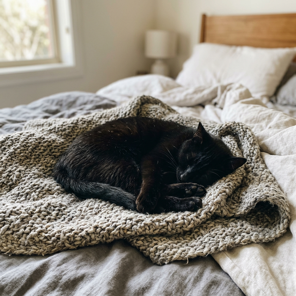 Un chat noir enroulé dans une couverture tricotée