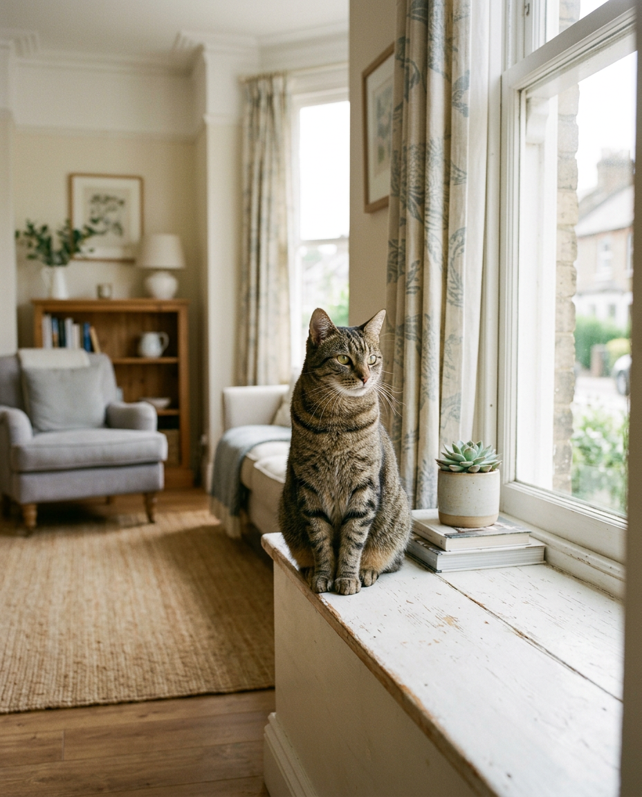 Un chat tigré assis sur le rebord d'une fenêtre, qui observe calmement son salon