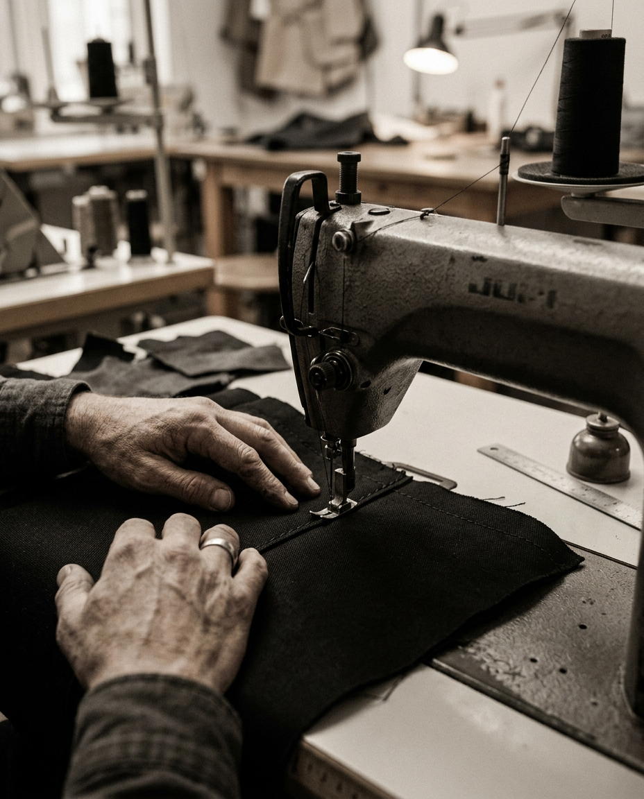 Hands guiding heavyweight black cotton through an industrial sewing machine
