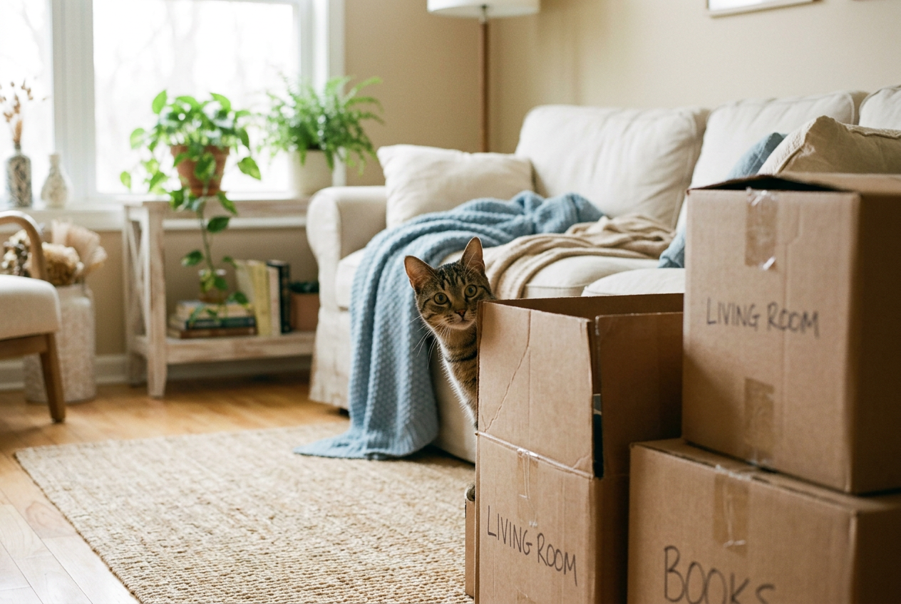 Un chat curieux qui observe derrière des cartons de déménagement