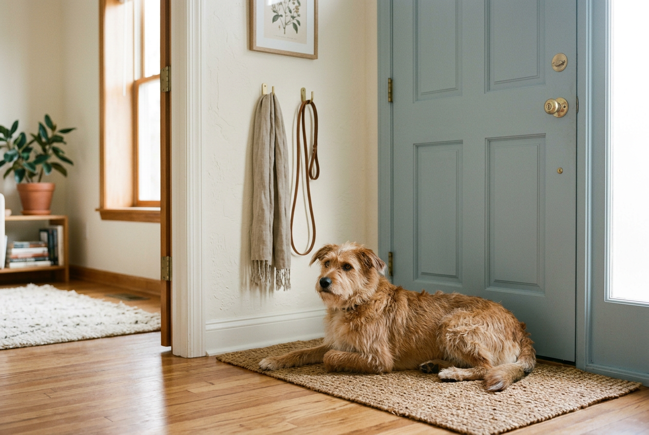 Un chien allongé près de la porte d'entrée, qui attend le retour de son propriétaire