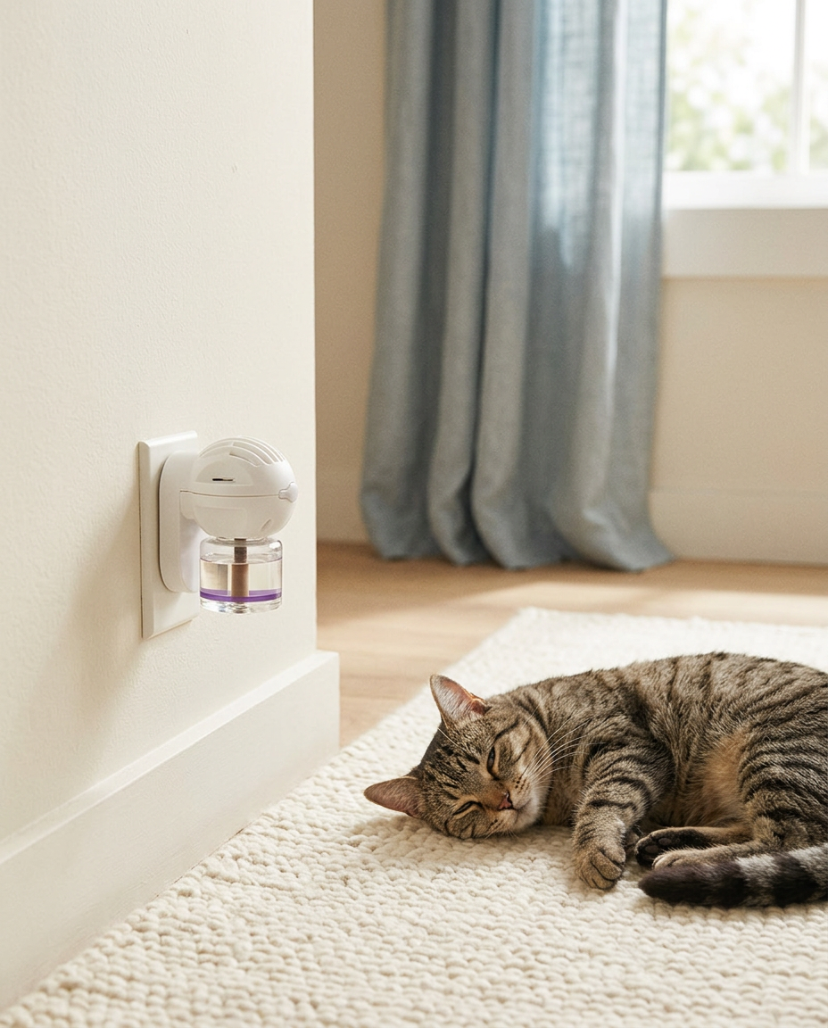 Le diffuseur apaisant Lovanima branché au mur, près d'un chat tigré endormi sur un tapis