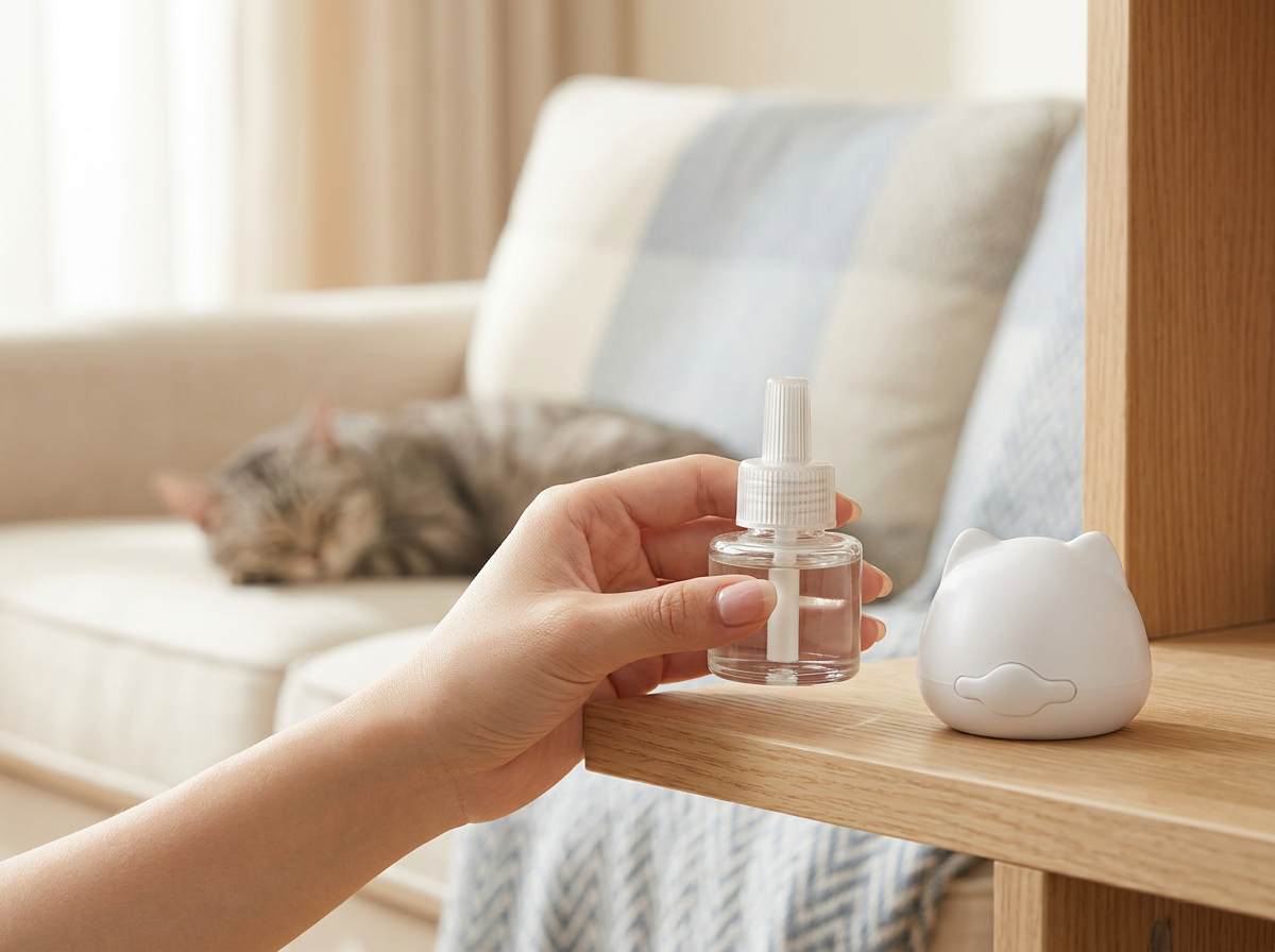 Une main qui tient une recharge neuve à côté du diffuseur, un chat endormi en arrière-plan