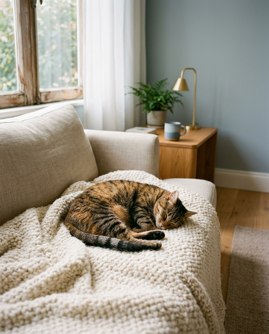 Un chat tigré endormi paisiblement sur un plaid crème, dans un salon lumineux