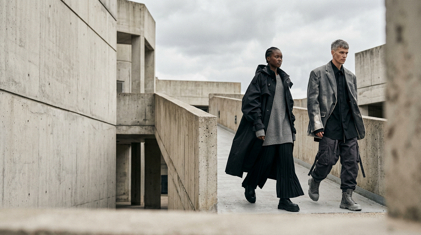 Two models in monochrome oversized garments walking through brutalist concrete architecture